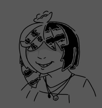 black_hair braces breasts flower grey_background hair_flower hair_ornament indie_virtual_youtuber jewelry mauve_&quot;minty&quot;_klein medium_breasts multicolored_hair necklace non-web_source open_mouth racoon_stripes rebelcapin simple_background smiley_face teeth upper_body virtual_youtuber