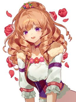 Rule 34 | 1girl, :d, aeri (aerikatsu), aikatsu!, aikatsu! (series), brown hair, choker, corset, drill hair, floral background, flower, frilled sleeves, frills, hair flower, hair ornament, hashtag-only commentary, highres, himesato maria, long hair, looking at viewer, open mouth, petals, pink flower, purple eyes, red flower, red rose, rose, rose petals, smile, solo, upper body, white background