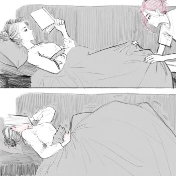 2girls age_difference blush book celine_(kpop_demon_hunters) closed_mouth commentary_request couch greyscale highres holding holding_book implied_sex korean_commentary kpop_demon_hunters mira_(kpop_demon_hunters) monochrome multiple_girls on_couch purple_hair reading shirt spot_color sunter trembling under_covers yuri