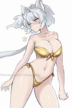 Rule 34 | 1girl, absurdres, animal ear fluff, animal ears, artist name, bikini, blush, breasts, cat ears, chascoby, cleavage, closed mouth, collarbone, commentary, cowboy shot, gold bikini, grey hair, highres, hood, hoodie, kobita (chascoby), large breasts, long hair, looking to the side, navel, neck tattoo, orange eyes, original, patreon username, side-tie bikini bottom, simple background, solo, standing, strapless, strapless bikini, swimsuit, tattoo, white background, white hoodie