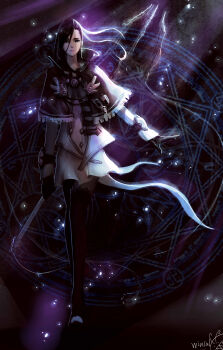 Rule 34 | 1girl, absurdres, artist name, black hair, black thighhighs, capelet, commentary request, dress, earrings, gloves, hair over one eye, highres, jewelry, light particles, long hair, looking at viewer, magic circle, original, polearm, signature, solo, spear, staff, standing, thighhighs, weapon, wincalblanke, zettai ryouiki