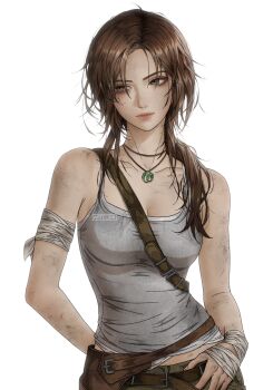 1girl arm_behind_back arm_strap armpit_peek artelsia bag bandaged_hand bandaged_wrist bandages bare_arms bare_shoulders belt breasts brown_belt brown_eyeshadow brown_hair camisole cleavage collarbone dirt dirty dirty_face eyeshadow green_pants grey_camisole grey_eyes hair_over_shoulder hand_on_belt highres jewelry lara_croft long_hair looking_to_the_side low_ponytail makeup mature_female medium_breasts messy_hair midriff_peek necklace pants pink_lips ponytail shoulder_bag signature simple_background solo tomb_raider tomb_raider_(reboot) twitter_username white_background