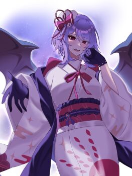 1girl bat_wings black_gloves bow gloves grey_hat hand_up hat hat_bow highres japanese_clothes kimono long_sleeves looking_at_viewer obi open_mouth purple_hair red_bow red_eyes red_sash remilia_scarlet remonedo_(user_mxej3824) sash short_hair smile solo tilted_headwear touhou white_kimono wide_sleeves wings