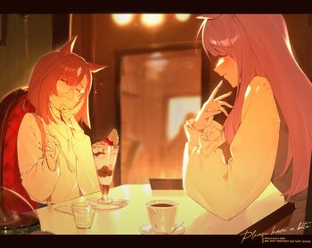 2girls blurry blurry_foreground coffee food glasses highres horse_girl ice_cream ikuno_dictus_(umamusume) kodzukinagara long_hair long_sleeves mejiro_mcqueen_(umamusume) multiple_girls restaurant round_eyewear shirt short_hair sitting smile table umamusume warm_colored watermark white_shirt