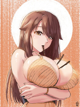 1girl arms_under_breasts bare_shoulders blush breasts brown_eyes brown_hair cleavage dress food food_between_breasts food_in_mouth ge_xi hair_over_one_eye highres large_breasts long_hair mouth_hold orange_background orange_dress original pocky pocky_in_mouth signature sleeveless sleeveless_dress solo upper_body