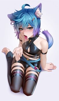 1boy ahoge animal_ears blue_hair blue_tail blush cat_boy cat_ears commentary cum cum_in_mouth cum_on_body cum_on_clothes cum_on_hands cum_on_tongue earrings english_commentary fish_earrings green_eyes hair_ornament highres indie_virtual_youtuber jewelry kairunoburogu linechu looking_at_viewer male_focus multicolored_hair multicolored_tail navel open_mouth pink_hair short_hair socks_over_thighhighs solo tail thighhighs trap virtual_youtuber white_background