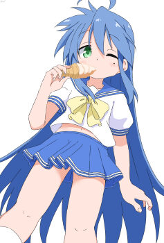 1girl absurdres ahoge arm_at_side blonde_hair blue_sailor_collar blue_skirt choppy_bangs commentary_request cynical_(llcbluckg_c004) dot_nose eating feet_out_of_frame from_below green_eyes hand_up highres holding holding_ice_cream_cone ice_cream_cone izumi_konata long_hair looking_at_viewer lucky_star midriff_peek miniskirt mole mole_under_eye navel one_eye_closed pleated_skirt ryouou_school_uniform sailor_collar school_uniform shirt short_sleeves simple_background skirt solo very_long_hair white_background white_shirt