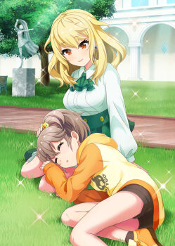 2girls arch ascot bare_legs black_shorts blonde_hair brick_road brown_hair closed_eyes clothes_writing day dot_nose earrings grass green_ascot green_shirt headpat high_ponytail hiyo_(project_tokyo_dolls) hood hoodie jewelry lap_pillow lips long_sleeves looking_at_another medium_hair multiple_girls official_art orange_shoes orange_sleeves outdoors parted_lips pillar ponytail project_tokyo_dolls red_eyes reina_(project_tokyo_dolls) second-party_source shirt shoes short_ponytail shorts sleeping smile statue tree yellow_hoodie