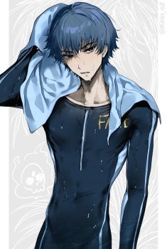 Rule 34 | 1boy, absurdres, blue eyes, blue hair, bodysuit, commentary request, covered navel, diving suit, drying, drying hair, drying own hair, faldeus dioland, fate/strange fake, fate (series), grey background, highres, kirin e2, long sleeves, male focus, open mouth, short hair, solo, towel, towel around neck, true assassin (fate/strange fake), upper body, wet, wet clothes, wet hair, wetsuit
