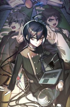 3boys ahoge arm_support black_hair black_jacket book broken_glass broken_hourglass brown_eyes brown_hair buttons cable collared_jacket commentary computer danganronpa:_trigger_happy_havoc danganronpa_(series) danganronpa_2:_goodbye_despair danganronpa_v3:_killing_harmony double-breasted eyelashes from_above glass hair_between_eyes hat highres hinata_hajime jacket laptop long_sleeves looking_at_viewer male_focus multiple_boys naegi_makoto necktie nota_sayaka on_floor open_mouth pants pinstripe_jacket pinstripe_pants pinstripe_pattern poster_(object) saihara_shuichi school_uniform shirt short_hair sitting smile striped_clothes striped_jacket unworn_hat unworn_headwear wire