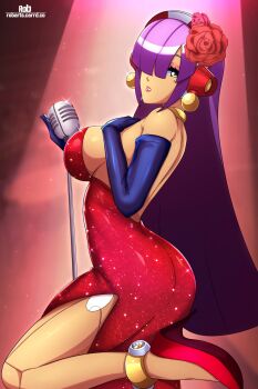 1girl absurdres axasempai bare_shoulders breasts cosplay cowboy_shot dark-skinned_female dark_skin dress eyelashes flower hair_flower hair_ornament highres jessica_rabbit jessica_rabbit_(cosplay) large_breasts layer_(mega_man) long_hair mega_man_(series) mega_man_x_(series) microphone_stand mole mole_under_eye pink_lips purple_hair red_dress red_flower red_rose rose solo standing standing_on_one_leg strapless strapless_dress who_framed_roger_rabbit