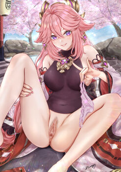 1girl absurdres animal_ears bare_legs bare_shoulders blue_sky breasts censored cherry_blossoms cherry_tree crossed_bangs detached_sleeves earrings fingernails floppy_ears fox_ears fox_shadow_puppet genshin_impact hair_between_eyes highres holding holding_panties holding_underwear holding_unworn_clothes japanese_clothes jewelry large_breasts large_variant_set leg_hold long_hair looking_at_viewer low-tied_long_hair m_legs mosaic_censoring nail_polish nontraditional_miko nori_chazuke outdoors panties parted_lips pendant pink_hair pink_nails pink_panties pond purple_eyes pussy shirt sitting sky sleeveless sleeveless_shirt smile solo spread_legs turtleneck underwear unworn_panties variant_set vision_(genshin_impact) white_sleeves wide_sleeves yae_miko