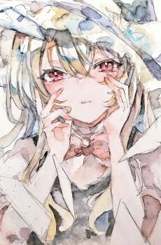 Rule 34 | 100th black market, 1girl, absurdres, black hat, black vest, blonde hair, bow, bowtie, commentary, hat, hat bow, highres, kamu kotan, kirisame marisa, looking at viewer, puffy short sleeves, puffy sleeves, red bow, red bowtie, red eyes, short sleeves, solo, touhou, traditional media, vest, white bow, witch hat