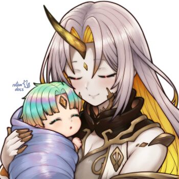 5girls absurdres artist_name blanket blonde_hair closed_mouth commentary english_commentary fire_emblem fire_emblem_heroes forehead_jewel gullveig_(fire_emblem) heidr_(fire_emblem) highres horns long_hair mother_and_daughter multiple_girls nintendo rotomdocs simple_background single_horn smile upper_body very_long_hair white_background white_hair