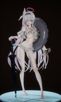 Rule 34 | 1girl, barefoot, bikini, blue archive, full body, halo, innertube, long hair, plana (blue archive), sandals, solo, standing, stomach, swim ring, swimsuit, umbrella, unworn sandals, very long hair, zbrush (medium)