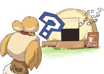 1girl ? animal_crossing animal_ears artist_name bell blonde_hair body_fur brown_jacket dog_ears dog_girl dog_tail english_text facing_away female_focus from_behind furry furry_female hair_bell hair_ornament hair_tie heart isabelle_(animal_crossing) jacket jingle_bell nintendo outdoors rilex_lenov sexually_suggestive short_hair sign signature solo standing tail tent topknot yellow_fur