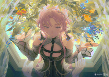 1girl absurdres bare_shoulders bema_(sinsekai) black_sleeves blue_flower clothing_cutout commentary_request cute_mdr detached_sleeves ear_piercing earrings fingernails flower grey_nails hands_up highres jewelry kamitsubaki_studio light_blush long_fingernails long_hair looking_at_viewer nail_polish official_art orange_flower parted_lips piercing pink_hair plant purple_eyes sinsekai_record standing upper_body watermark wide_sleeves window