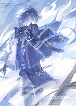 Rule 34 | 1boy, absurdres, antenna hair, black coat, black gloves, blue hair, bluesky username, coat, collared coat, commentary request, finger to mouth, flins (genshin impact), floating hair, genshin impact, gloves, hair between eyes, highres, long hair, long sleeves, male focus, neglow, shushing, solo, standing, twitter username, yellow eyes