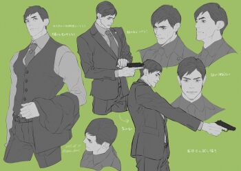 Rule 34 | arai hiroaki (rgg), commentary request, formal clothes, gun, handgun, highres, holding, holding gun, holding weapon, jacket, monochrome, multiple views, necktie, nicacu, reloading, ryuu ga gotoku (series), ryuu ga gotoku 4, suit, unworn jacket, vest, waistcoat, weapon