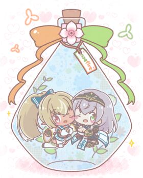 2girls ;d black_gloves black_shoes black_thighhighs blue_bow blush_stickers bottle bow breasts brown_hair chibi cleavage colored_shadow commentary_request dark-skinned_female dark_skin elf fingerless_gloves gloves green_eyes grey_hair hair_between_eyes hair_bow headpiece heart heart_background highres hololive in_bottle in_container large_breasts long_hair long_sleeves mitarashi_neko multicolored_hair multiple_girls one_eye_closed open_mouth pointy_ears ponytail red_eyes shadow shiranui_flare shiranui_flare_(1st_costume) shirogane_noel shirogane_noel_(1st_costume) shoes smile sparkle streaked_hair thighhighs very_long_hair virtual_youtuber white_background white_hair white_sleeves white_thighhighs wide_sleeves