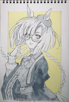 1girl adjusting_eyewear animal_ears blush border commentary_request greyscale hand_up highres horse_ears horse_girl horse_tail ikuno_dictus_(umamusume) jacket long_hair long_sleeves looking_at_viewer mizuiro_neko monochrome open_clothes open_jacket photo_(medium) ribbon simple_background smile spot_color tail traditional_media twintails umamusume upper_body white_border wide_sleeves yellow_background yellow_eyes