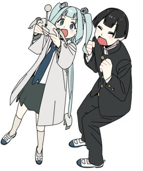 1boy 1girl aoki_tatsuko blue_eyes controller grey_hair highres imamura_ryou ponytail seitokai_ni_mo_ana_wa_aru! skirt twintails white_background