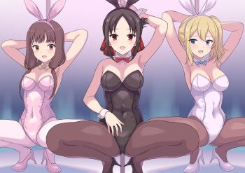3girls absurdres animal_ears armpits arms_up black_footwear black_hair black_leotard black_pantyhose blonde_hair blue_eyes blush breasts brown_eyes brown_hair brown_pantyhose covered_navel fake_animal_ears hayasaka_ai high_heels highres iino_miko kaguya-sama_wa_kokurasetai_~tensai-tachi_no_renai_zunousen~ leotard long_hair looking_at_viewer matching_hair/eyes medium_breasts multiple_girls open_mouth pantyhose pink_footwear pink_leotard playboy_bunny pole pole_dancing poruporu red_eyes shinomiya_kaguya side_ponytail smile spread_legs squatting twintails white_footwear white_leotard white_pantyhose