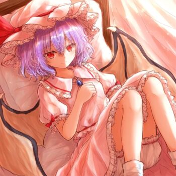 1girl bat_wings bloomers blue_gemstone bow frilled_hat frilled_shirt frilled_shirt_collar frilled_skirt frilled_sleeves frills gem hat hat_ribbon head_on_pillow lying mob_cap on_back on_bed pillow pink_hat puffy_short_sleeves puffy_sleeves purple_hair red_bow red_eyes red_ribbon remilia_scarlet ribbon shirt short_hair short_sleeves skirt solo touhou underwear wgremory wings