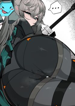 1girl black_survival cameltoe eternal_return:_black_survival grey_hair gun katja_(black_survival) kkrazyyyy1 rifle skin_tight speech_bubble weapon