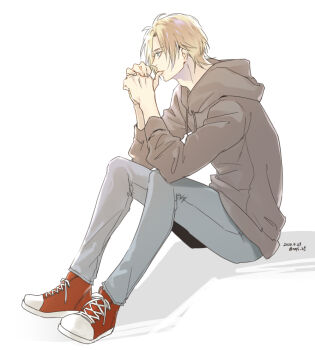 Rule 34 | 1boy, ash lynx, banana fish, blonde hair, blue eyes, blue pants, brown hoodie, commentary request, dated, denim, drawstring, from side, full body, hands on own chin, hood, hood down, hoodie, jeans, long sleeves, looking to the side, male focus, own hands clasped, own hands together, pants, parted bangs, profile, red shoes, shoes, short hair, simple background, sitting, sneakers, solo, twitter username, white background, ykmr (haga)