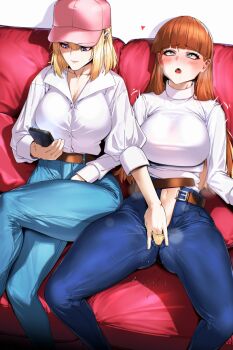 2girls ahegao aroused belt blonde_hair breasts brown_hair cellphone cha_hae-in collared_shirt commission cross-eyed crossed_legs denim fingering hand_in_another&#039;s_panties hat high-waist_pants huge_breasts jeans lee_joo-hee multiple_girls open_belt open_fly pants phone pixiv_commission shirt sitting smartphone solo_leveling tamamoice turtleneck yuri