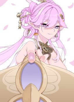 1girl absurdres bikeibikei breasts chinese_hairstyle commentary_request diamond-shaped_pupils diamond_(shape) earrings elf elysia_(hi_love_elf)_(honkai_impact) elysia_(honkai_impact) hand_fan highres holding holding_fan honkai_(series) honkai_impact_3rd jewelry korean_commentary large_breasts long_hair looking_at_viewer official_alternate_costume pink_hair pink_nails pointy_ears purple_eyes simple_background smile solo symbol-shaped_pupils very_long_hair white_background