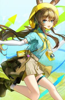 1girl amiya_(arknights) animal_ears arknights blue_eyes boots brown_bag brown_boots brown_hair hair_between_eyes highres long_hair long_sidelocks looking_at_viewer open_mouth rabbit_ears rabbit_girl running short_hair shorts sidelocks smile solo straw_thoughts_(daocao) teeth upper_teeth_only very_long_hair