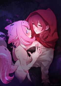 2girls absurdres animal_ears black_bra blue_eyes blush bra breasts closed_mouth clothed_female_nude_female commentary dyadyadya eden_(honkai_impact) elysia_(honkai_impact) english_commentary eye_contact fingernails hair_between_eyes hand_blush highres honkai_(series) honkai_impact_3rd kemonomimi_mode large_breasts long_fingernails long_hair looking_at_another low_ponytail multicolored_hair multiple_girls nude orange_eyes pink_hair pink_pupils pink_tail ponytail red_hood sharp_fingernails streaked_hair sweatdrop tongue tongue_out underwear yuri