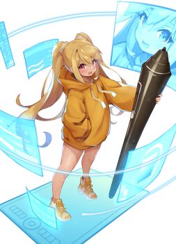 1girl artist_self-insert blonde_hair blush commentary_request dark-skinned_female dark_skin eyebrows_hidden_by_hair flat_chest full_body hair_between_eyes hand_in_pocket highres holding holding_stylus hood hoodie long_hair looking_at_viewer mefuchan mefuchan_(character) monitor open_mouth original oversized_object red_eyes shoes simple_background smile sneakers solo stylus tablet_pc tan twintails white_background yellow_hoodie