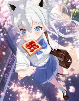 1girl animal_ears aqua_eyes bag blue_bow blue_bowtie blue_skirt bow bowtie bread cherry_blossoms collared_shirt commentary_request falling_petals flower food food_in_mouth fox_ears fox_girl fox_tail highres hololive jam open_mouth outdoors petals pink_flower pleated_skirt school_bag shirakami_fubuki shirt skirt socks sweat tail user_wevy7384 virtual_youtuber white_hair white_shirt white_socks