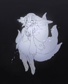 1girl animal_ears black_background claws extra_arms faputa full_body glowing glowing_eyes goggles greyscale highres hoshi_rousoku looking_at_viewer made_in_abyss monochrome monster_girl multiple_tails simple_background solo tail