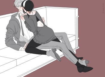 Rule 34 | 1boy, 1girl, bare shoulders, black hair, blush, breasts, commentary request, earrings, gold earrings, hairband, highres, husband and wife, im guest, jewelry, korean commentary, large breasts, long hair, red sweater, shirt, short hair, sidelocks, spy x family, sweater, twilight (spy x family), white hairband, yor briar