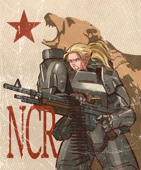 1girl ammunition_belt armor bear blonde_hair blue_eyes commentary emirh92 english_commentary fallout fallout:_new_vegas gun highres light_machine_gun machine_gun ncr_trooper new_california_republic ponytail poster_(medium) power_armor solo teeth weapon