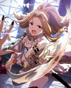 1girl 1other aristocratic_clothes arm_belt attack attack_trail belt black_nails brown_hair curtained_hair day dress dynamic_pose falling_petals floating_hair flower flower_pot game_cg gem green_eyes hairband high_ponytail holding holding_sword holding_weapon idolmaster idolmaster_million_live! idolmaster_million_live!_theater_days incoming_attack indoors jewelry long_hair motion_blur multiple_belts nikaido_chizuru official_art pants petals plant ponytail potted_plant red_gemstone scabbard sheath swinging_weapon sword third-party_source two-handed very_long_hair weapon white_dress white_hairband white_pants white_petals wide_ponytail window wing_ornament