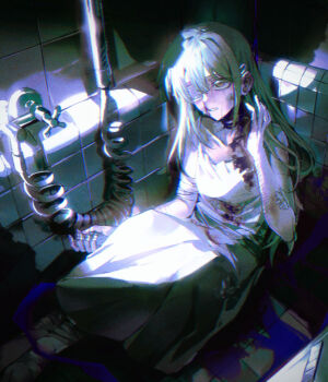 Rule 34 | 1girl, absurdres, bandaid, bang dream!, bang dream! it's mygo!!!!!, blood, blue blood, commentary, dress, english commentary, eyepatch, green hair, hair ornament, hairclip, highres, injury, long hair, ne2op, open mouth, self-harm, solo, sweat, wakaba mutsumi, white dress, yellow eyes