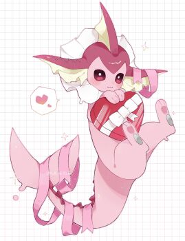 :3 alternate_color animal_focus bow box cetacean_tail commentary_request fins fish_tail full_body gen_1_pokemon head_fins heart heart-shaped_box highres looking_at_viewer nintendo no_humans pawpads pink_eyes pink_fur pink_ribbon pokemon pokemon_(creature) pokemon_focus ribbon shiny_pokemon simple_background solo spoken_heart tail vaporeon vli_sk22 white_background white_bow