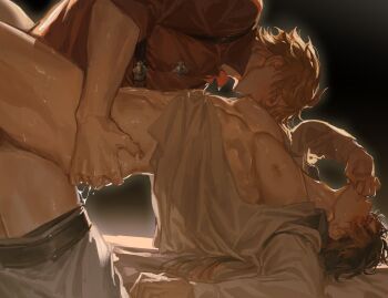 2boys adam&#039;s_apple belt black_belt blue_eyes bottomless closed_eyes clothes_pull commentary_request cum cum_overflow from_side genshin_impact grey_pants hand_on_another&#039;s_ass highres long_sleeves male_focus male_underwear male_underwear_peek matuka10101 multiple_boys nipples orange_hair pants pants_pull partially_open_shirt pectorals shirt short_hair sucking_male_nipple sweat tartaglia_(genshin_impact) teeth top-down_bottom-up underwear white_shirt yaoi zhongli_(genshin_impact)