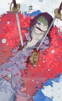 1boy blonde_hair blood closed_eyes commentary death donquixote_rocinante feather_cape heart heart_print highres hood lying makeup on_back one_piece purple_hood sample_watermark siyangou49 snowing solo sword watermark weapon