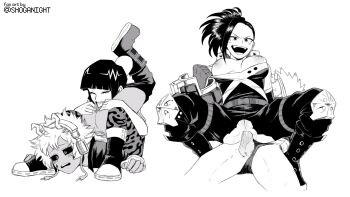 Rule 34 | 1boy, 3girls, anal, ashido mina, ashido mina (cosplay), bakugou katsuki, bakugou katsuki (cosplay), boku no hero academia, breasts, breasts out, clothed sex, clothes pull, cosplay, cunnilingus, girl on top, greyscale, highres, horns, jiro kyoka (cosplay), jiro kyoka, large breasts, long hair, medium hair, monochrome, multiple girls, oral, pants, pants pull, reverse cowgirl position, sex, shirt pull, shoganight, simple background, sitting, sitting on person, straddling, top-down bottom-up, torn clothes, yaoyorozu momo, yuri