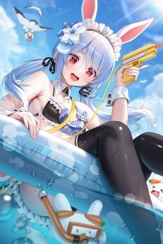 1girl :d animal_ears bikini black_bikini black_thighhighs blue_hair breasts commentary day extra_ears frilled_bikini frills front-tie_bikini_top front-tie_top hand_up highres hikimayu holding holding_water_gun hololive innertube long_hair looking_at_viewer maid_headdress multicolored_hair ocean official_alternate_costume on_innertube open_mouth outdoors partially_submerged partially_underwater_shot pekomon_(usada_pekora) rabbit-shaped_pupils rabbit_ears rabbit_girl red_eyes short_eyebrows small_breasts smile solo suraimu_(suraimuraimu) swim_ring swimsuit symbol-only_commentary symbol-shaped_pupils teeth thick_eyebrows thighhighs twintails two-tone_hair upper_teeth_only usada_pekora usada_pekora_(holonatsu_paradise) virtual_youtuber water_gun white_hair white_wrist_cuffs wrist_cuffs