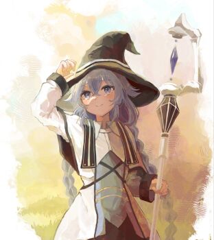 1girl arm_up blue_eyes blue_hair blush braid capelet closed_mouth commentary_request crossed_bangs crystal dress hair_between_eyes hat highres holding holding_staff long_hair long_sleeves mage_staff minamisuwari mushoku_tensei roxy_migurdia smile solo staff twin_braids very_long_hair white_capelet witch_hat