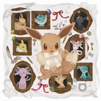 bow eevee espeon evolution_stone evolutionary_stone fire_stone flareon gen_1_pokemon gen_2_pokemon gen_4_pokemon gen_6_pokemon glaceon highres ice_stone jolteon key klefki leaf_stone leafeon neck_ribbon nintendo no_humans official_art pencil pokemon pokemon_(creature) red_ribbon ribbon sylveon thunder_stone umbreon vaporeon water_stone white_background white_bow white_ribbon