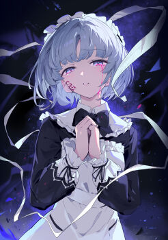 1girl cover cover_page facial_tattoo grey_hair highres kodamazon maid maid_headdress novel_cover omae_gotoki_ga_maou_ni_kateru_to_omoun_to_yuusha_party_wo_tsuihou_sareta_node_outo_de_kimama_ni_kurashitai own_hands_clasped own_hands_together parted_lips second-party_source short_hair solo tattoo tearing_up