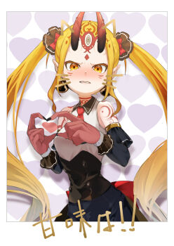 Rule 34 | 1girl, arm tattoo, bare shoulders, black corset, black nails, blonde hair, blush, border, bow, breasts, collared shirt, colored extremities, commentary request, corset, detached sleeves, drawn ears, drawn whiskers, dress, earrings, embarrassed, facial mark, fate/grand order, fate (series), forehead mark, four-finger heart hands, furrowed brow, hair bow, heart, heart background, heart hands, highres, horns, ibaraki douji (fate), jewelry, long hair, looking at viewer, medium breasts, multiple hair bows, nose blush, oni, orange eyes, parted lips, pointy ears, red horns, shirt, sidelocks, sleeveless, sleeveless shirt, solo, tattoo, terasako, translation request, twintails, upper body, white border